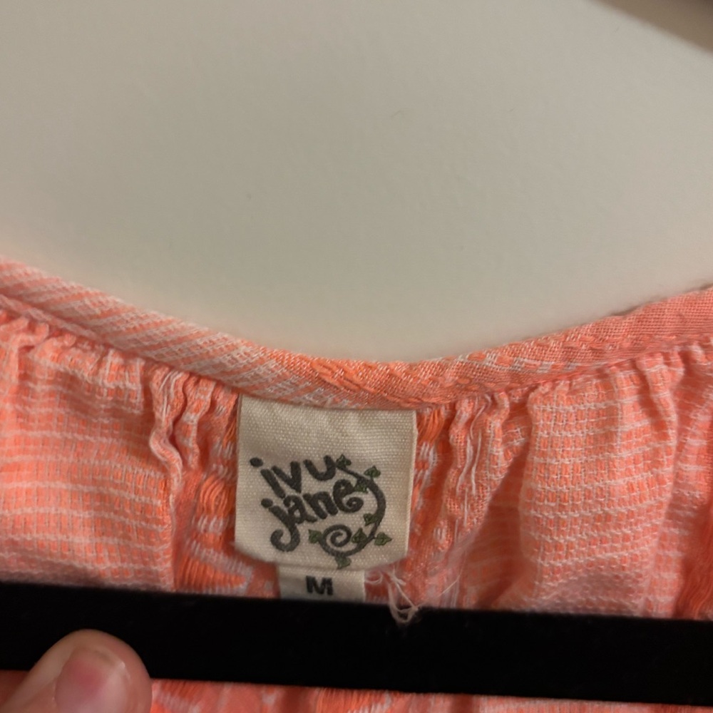 Ivy Jane Women's Bright Neon Orange V-Neck Top, puff sleeves & striped pattern - Picture 2 of 3